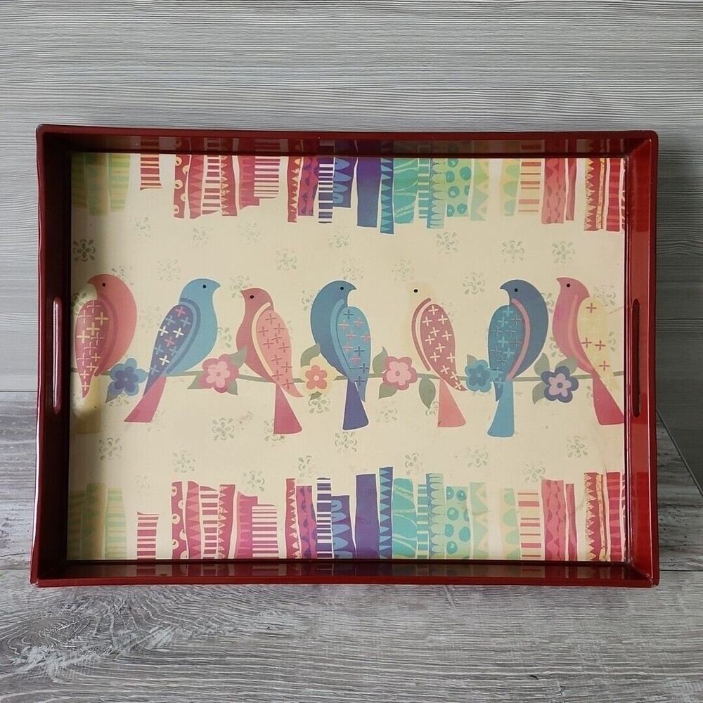 Pier 1 Imports Red Wood Table Tray Accent Bird on‎ a wire Pattern 18" w/ handles